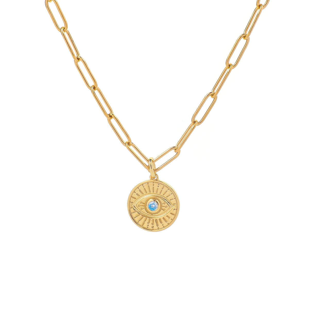 Evil Eye Coin Pendant Necklace with Paperclip Chain
