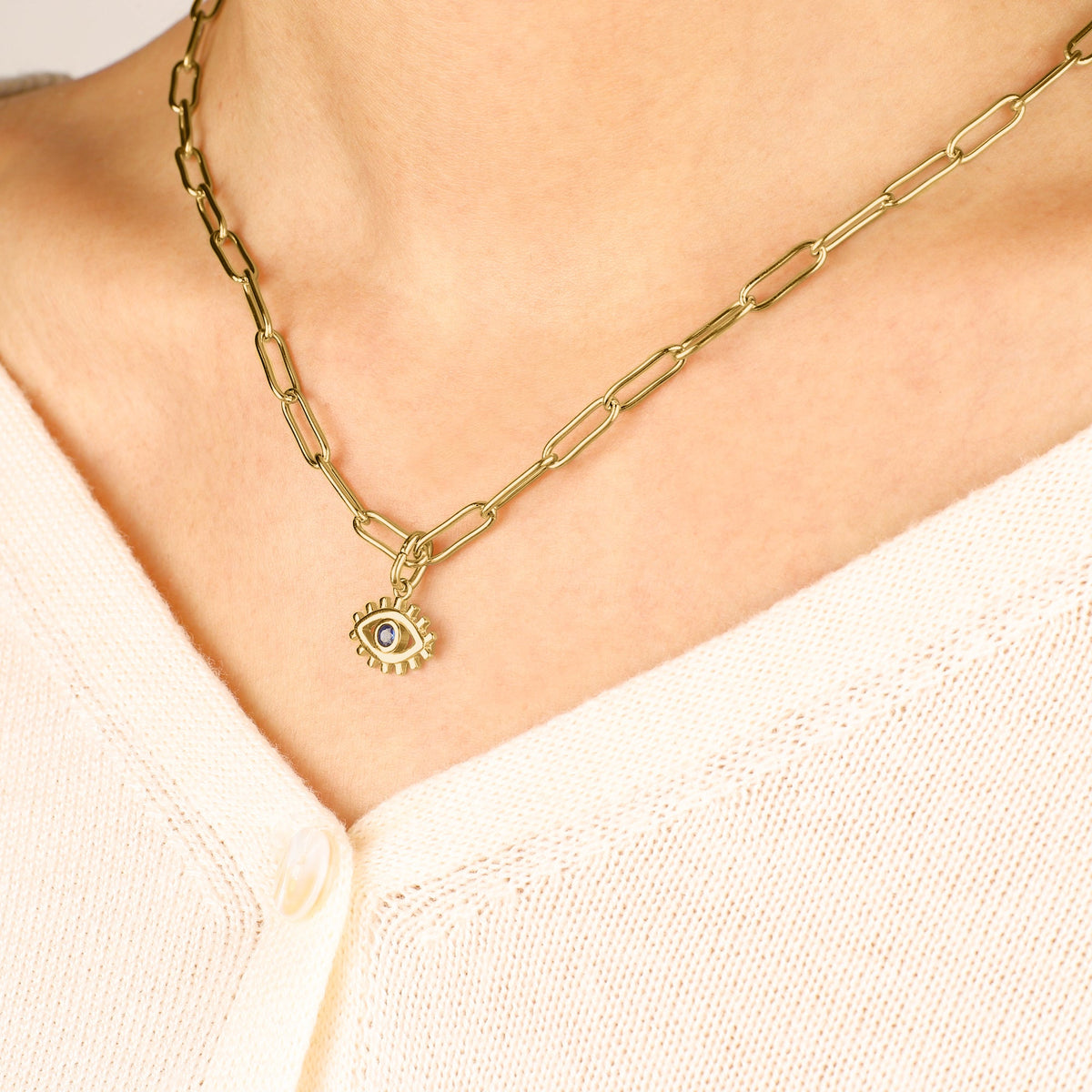 Evil Eye Charm Pendant Necklace with Paperclip Chain