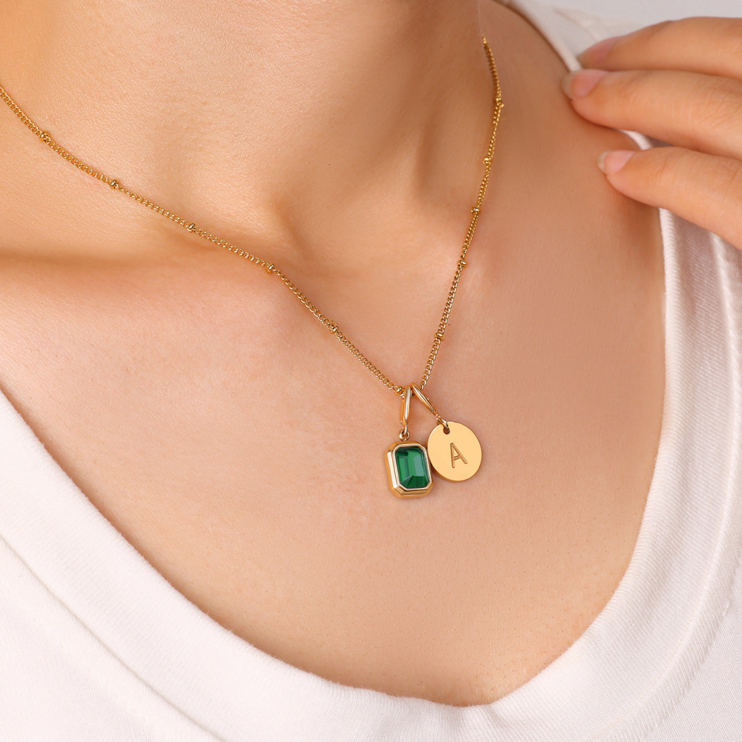 Baguette Birthstone & Initial Necklace
