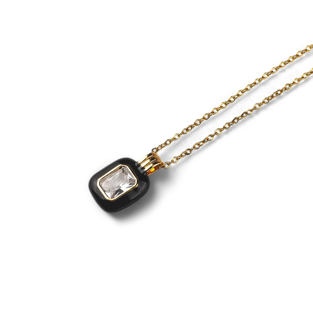 Emerald Cut Gemstone & Enamel Pendant Necklace