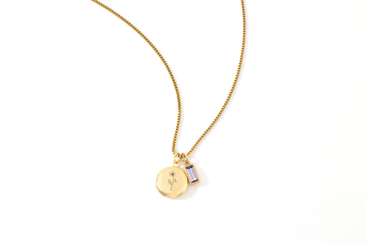 Family Birth Flower Locket Necklace with Birthstone