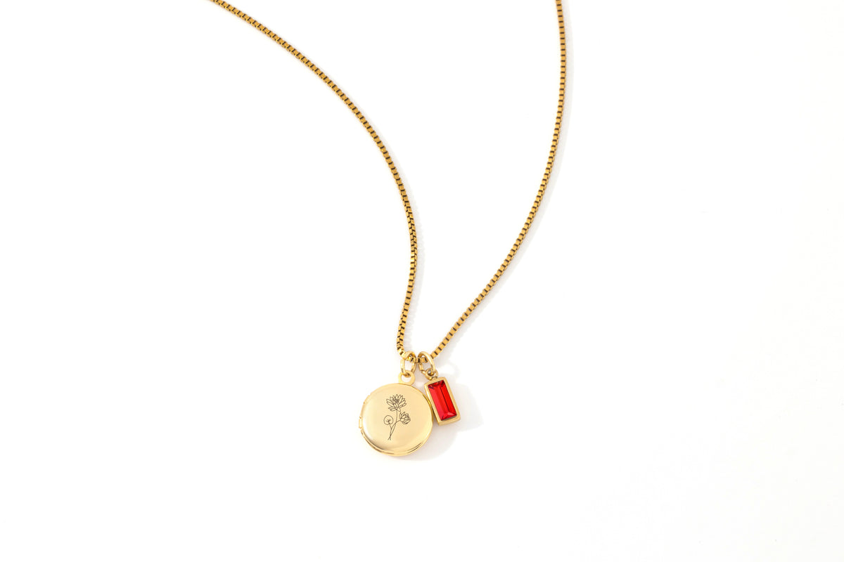 Family Birth Flower Locket Necklace with Birthstone