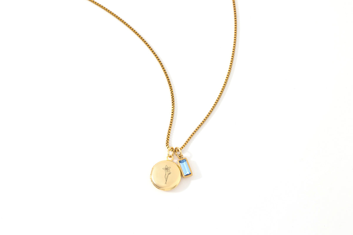 Family Birth Flower Locket Necklace with Birthstone