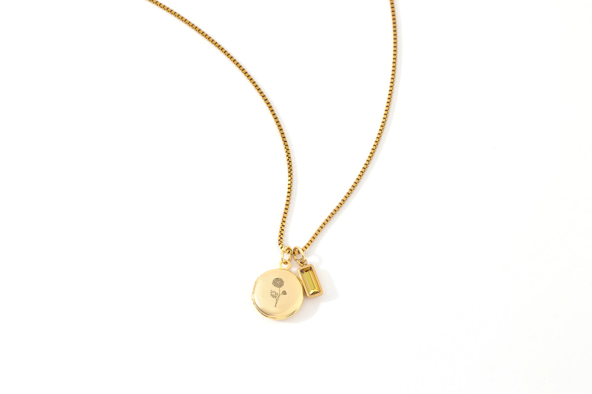 Family Birth Flower Locket Necklace with Birthstone