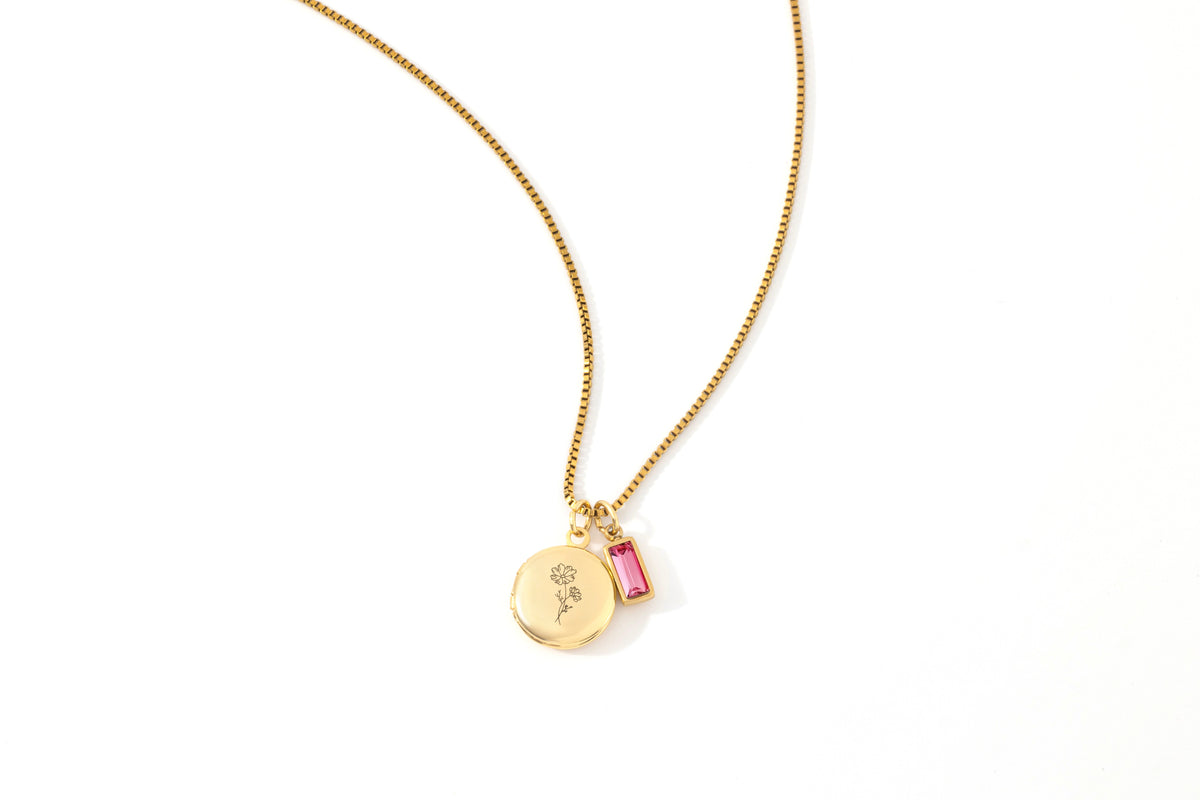 Family Birth Flower Locket Necklace with Birthstone
