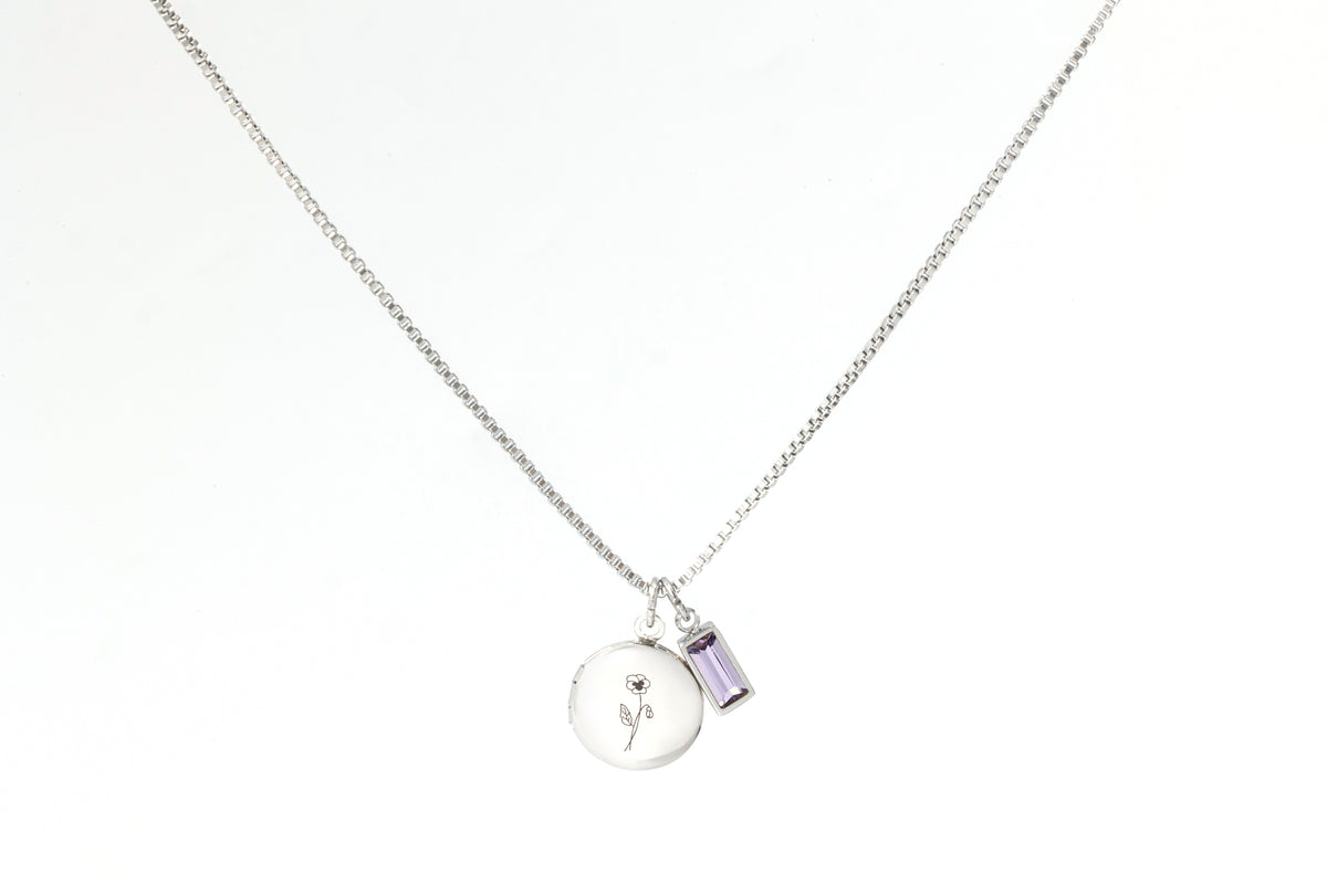 Family Birth Flower Locket Necklace with Birthstone