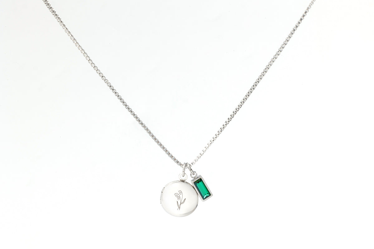 Family Birth Flower Locket Necklace with Birthstone