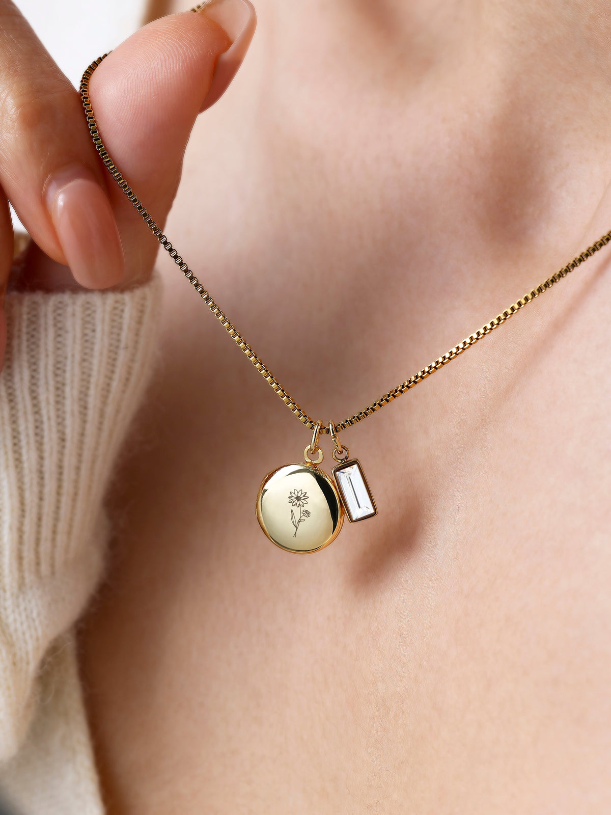 Family Birth Flower Locket Necklace with Birthstone