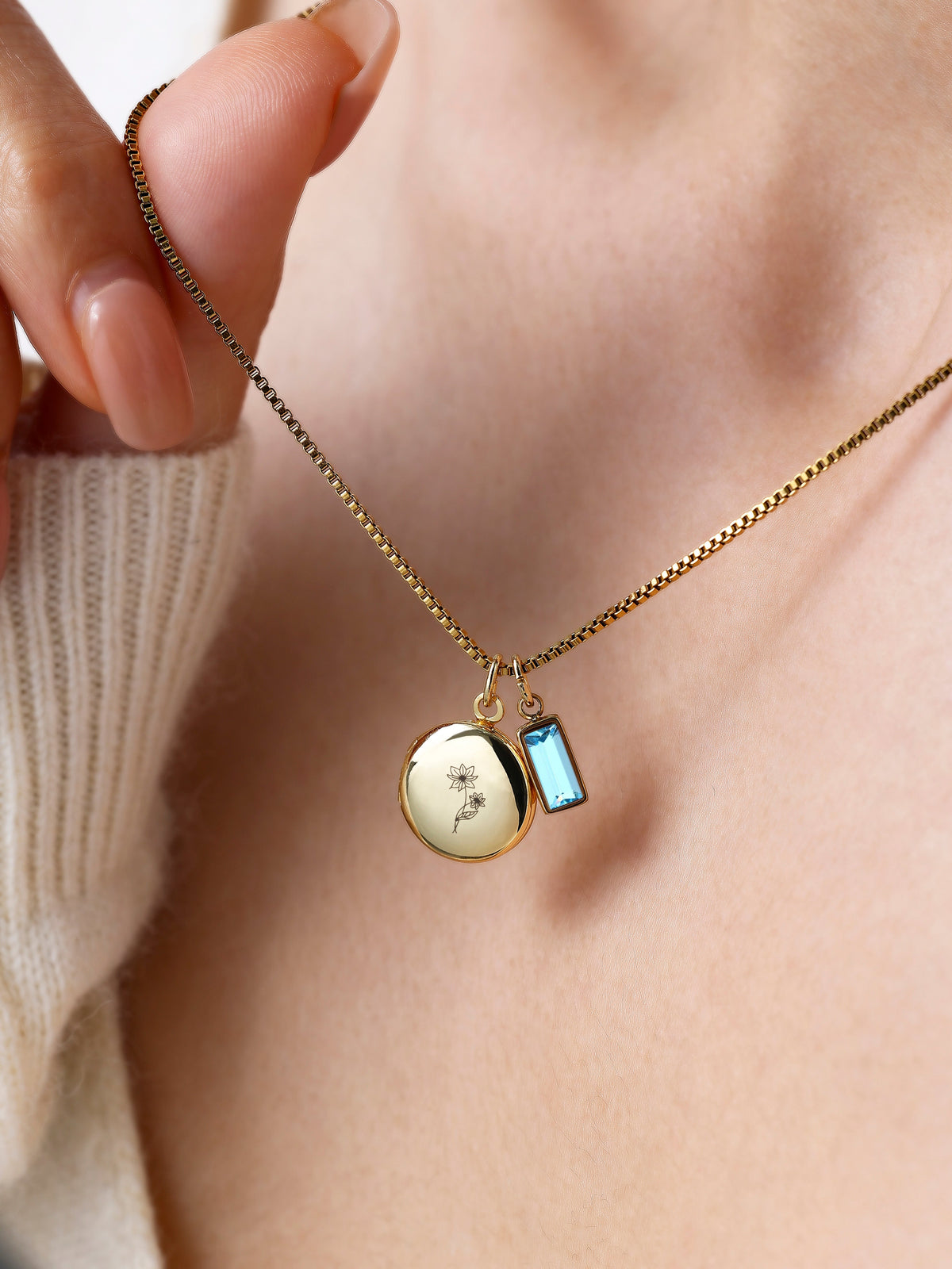 Family Birth Flower Locket Necklace with Birthstone