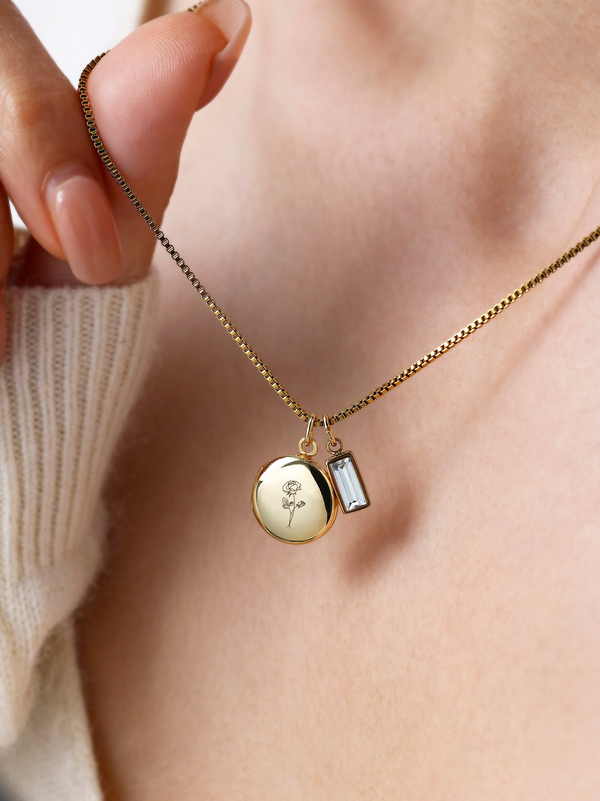 Family Birth Flower Locket Necklace with Birthstone