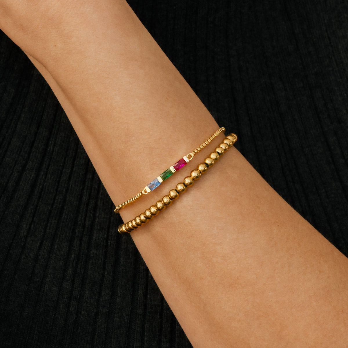 Dainty Baguette Birthstone Bracelet and Beaded Stacking Bracelet Set