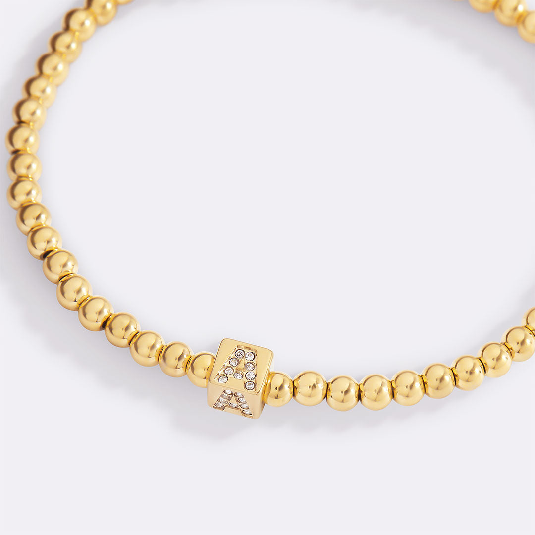 Gold Beaded Block Initial Bracelet