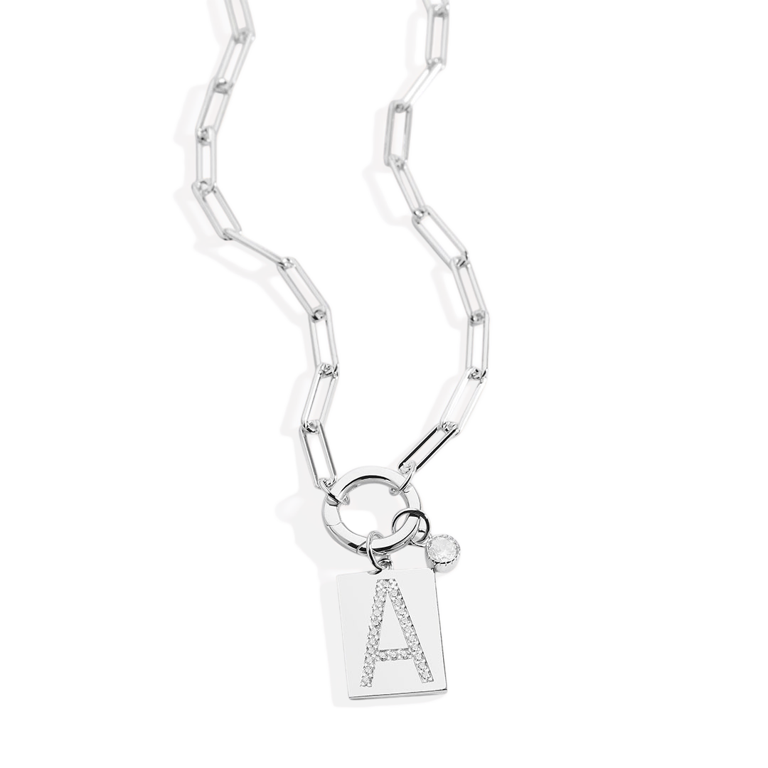 Sterling Silver Pave Initial Pendant Necklace with Paperclip Chain