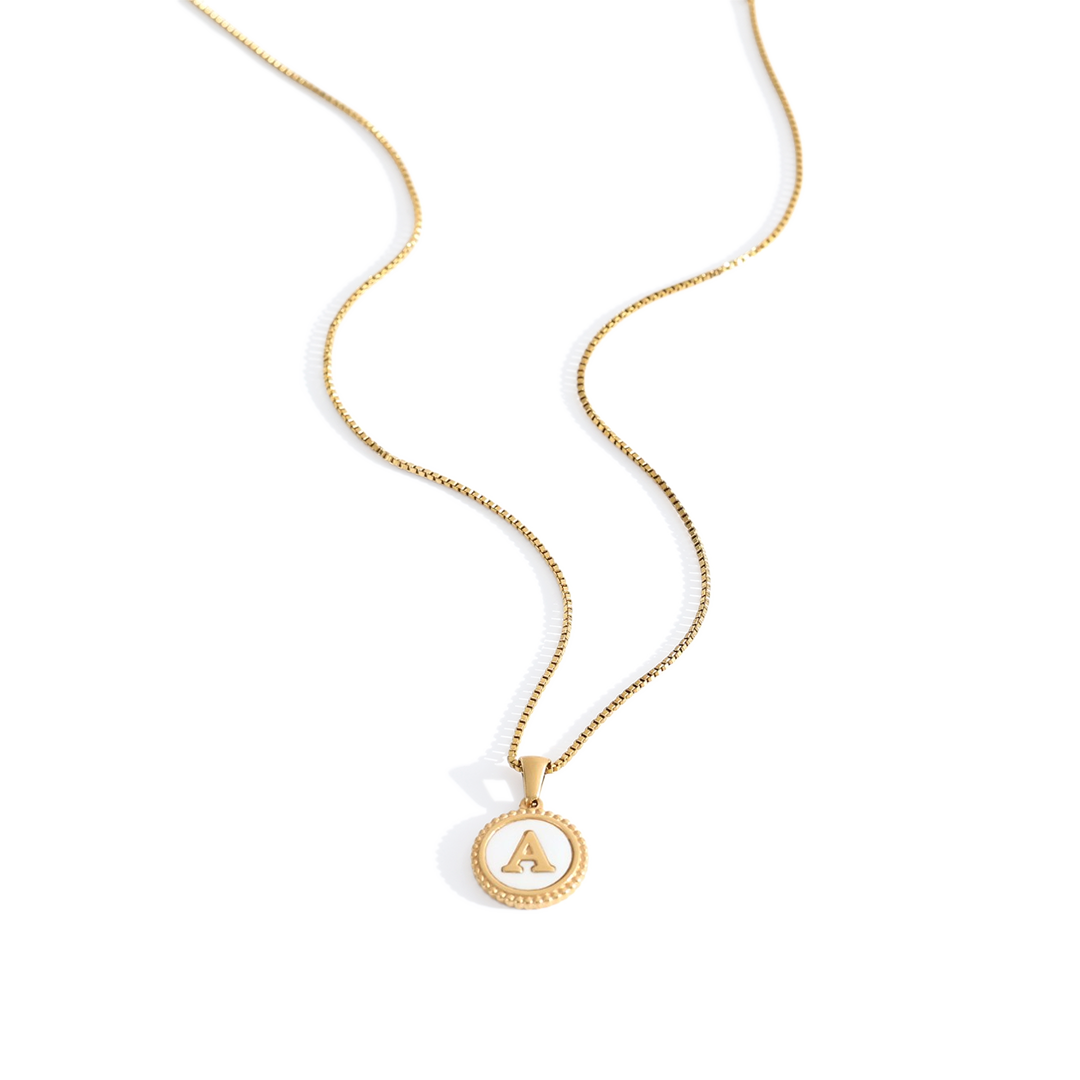 Mother of Pearl Disc Letter Necklace with Box Chain