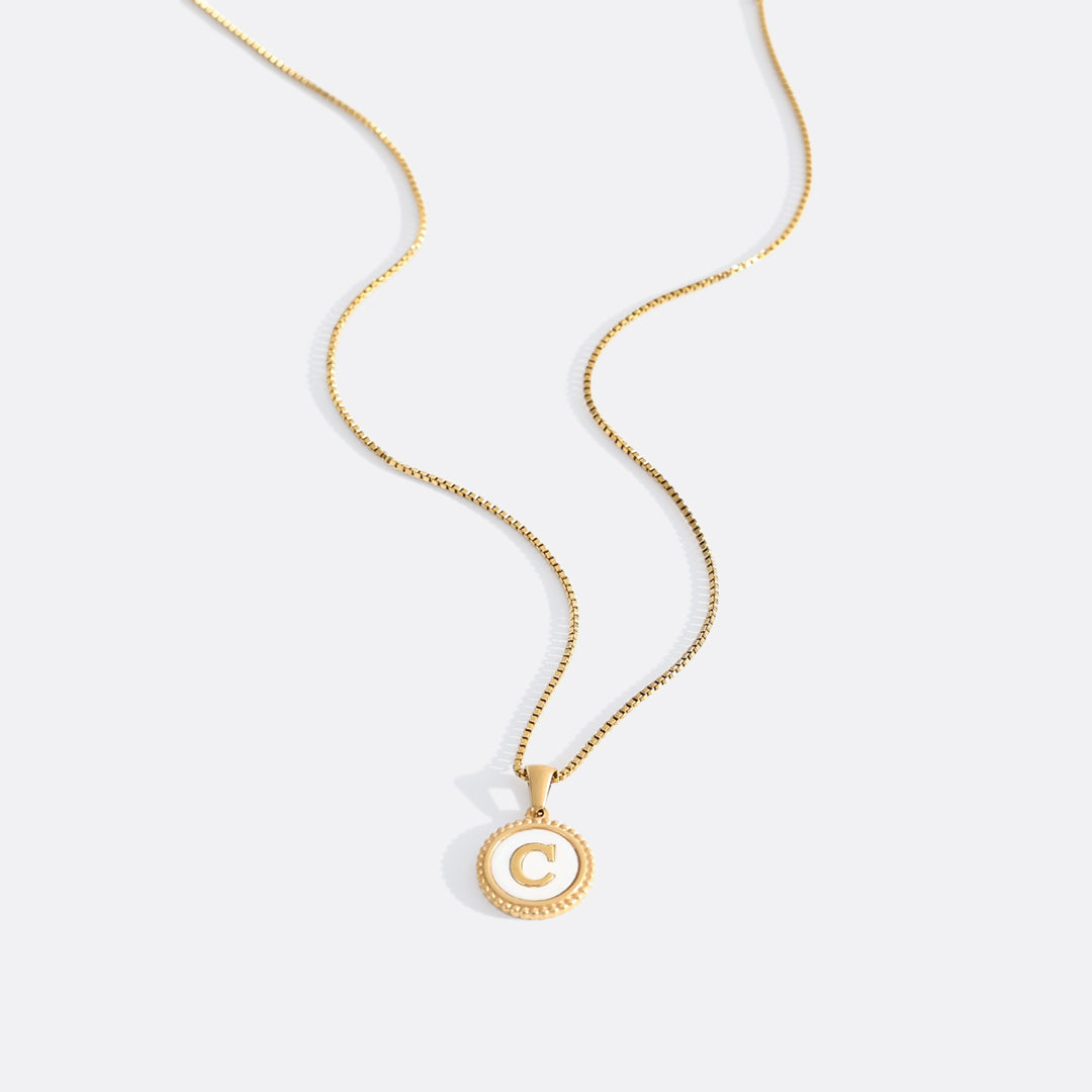 Mother of Pearl Disc Letter Necklace with Box Chain