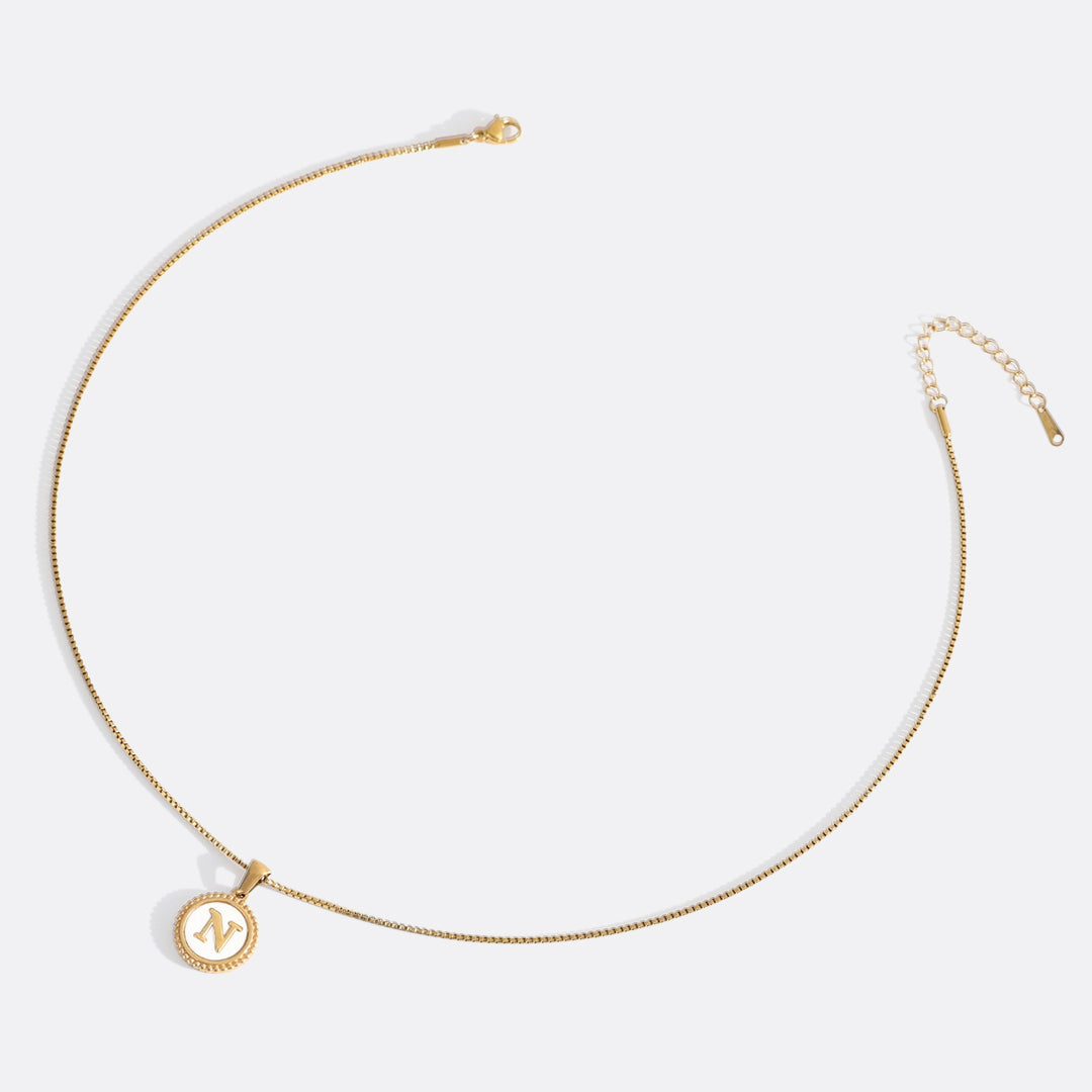 Mother of Pearl Disc Letter Necklace with Box Chain
