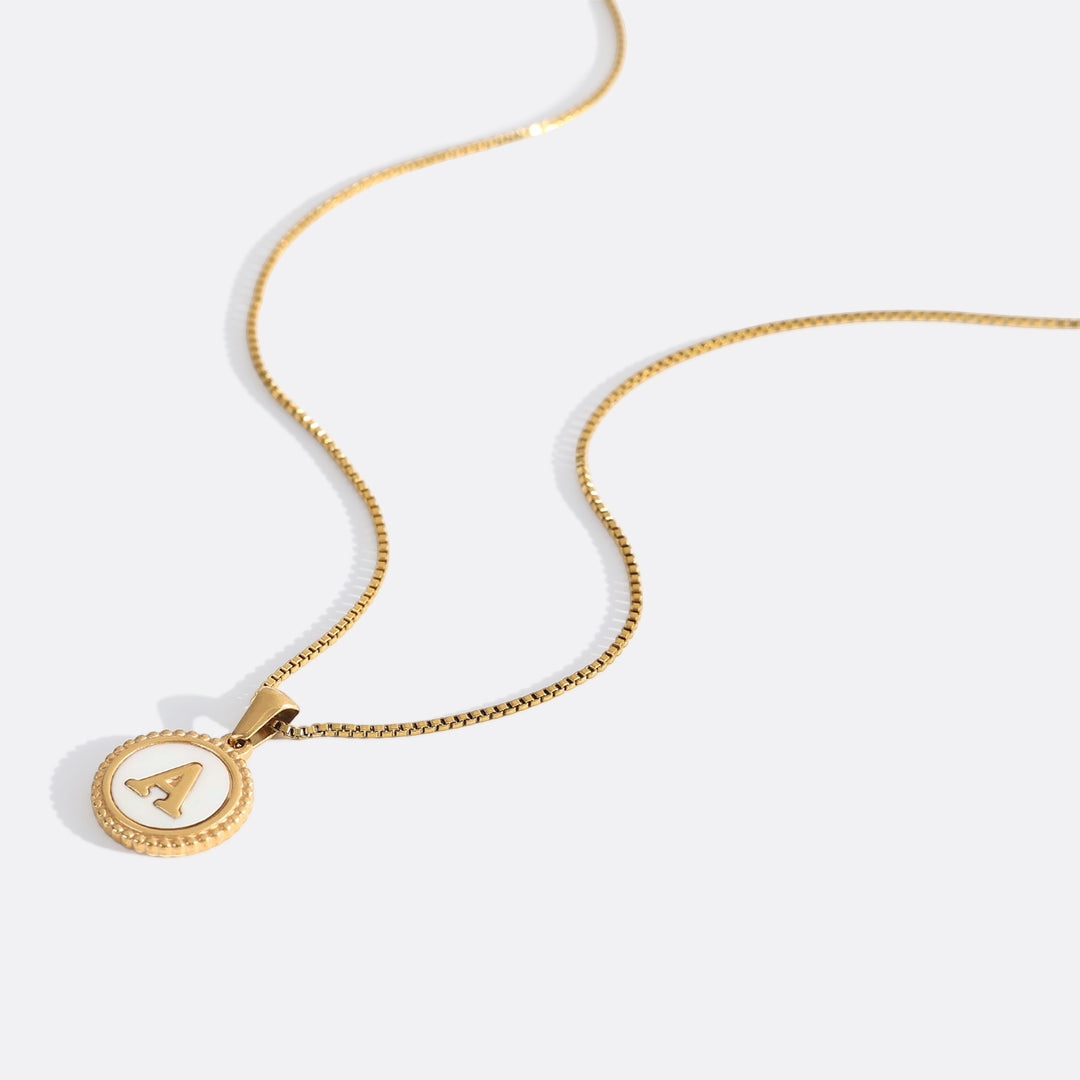 Mother of Pearl Disc Letter Necklace with Box Chain