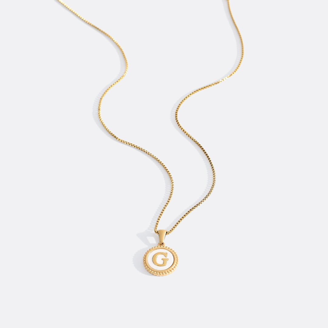 Mother of Pearl Disc Letter Necklace with Box Chain