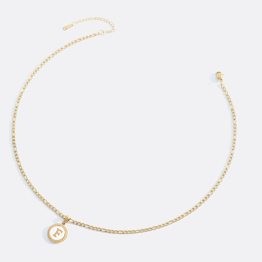 Mother of Pearl Disc Letter Necklace with Figaro Chain