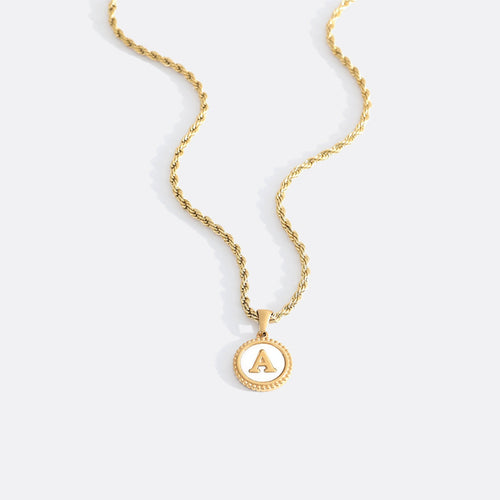 Mother of Pearl Disc Letter Necklace with Rope Chain