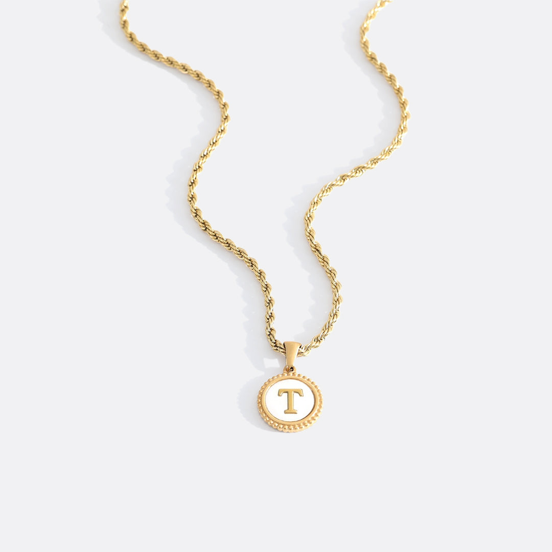 Mother of Pearl Disc Letter Necklace with Rope Chain