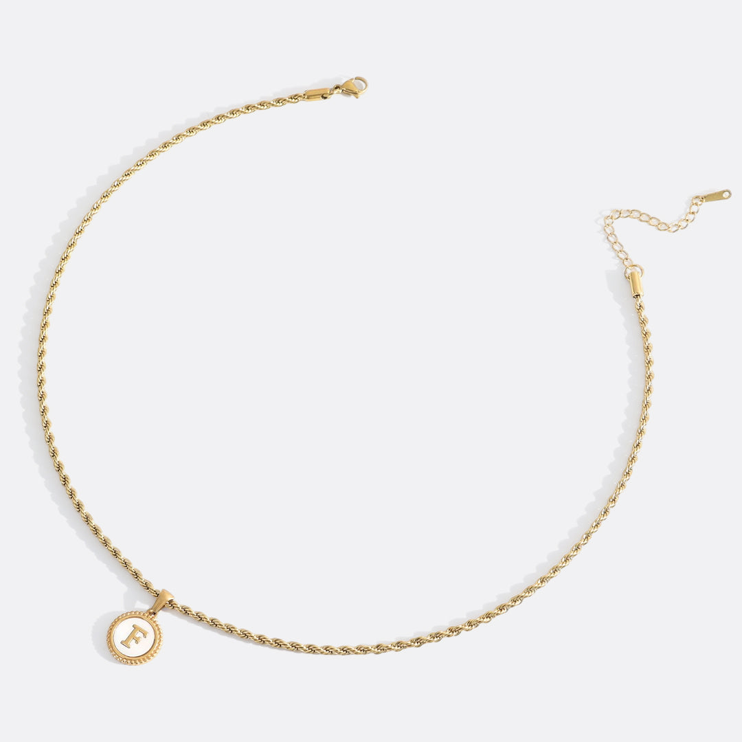 Mother of Pearl Disc Letter Necklace with Rope Chain