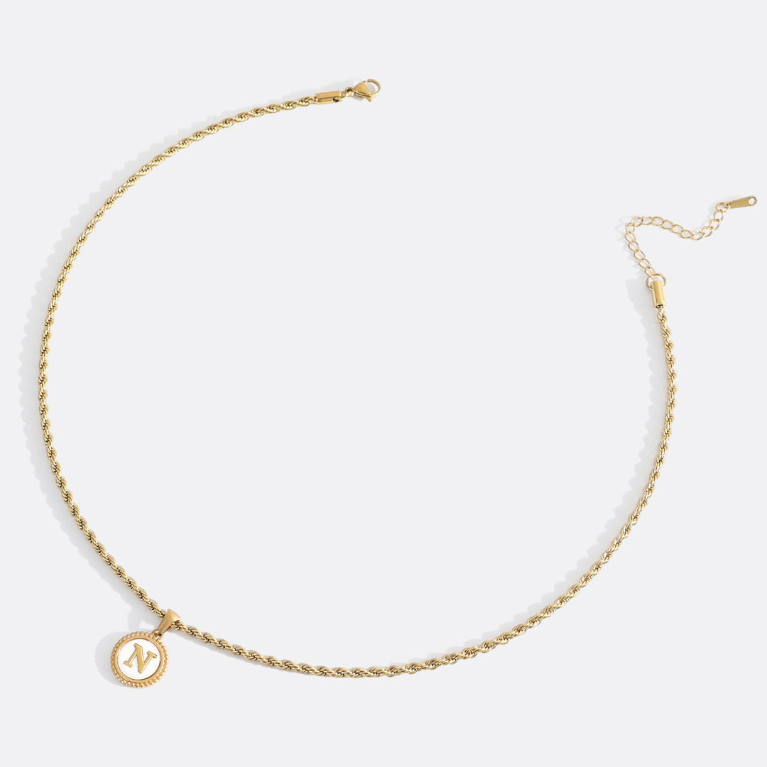 Mother of Pearl Disc Letter Necklace with Rope Chain