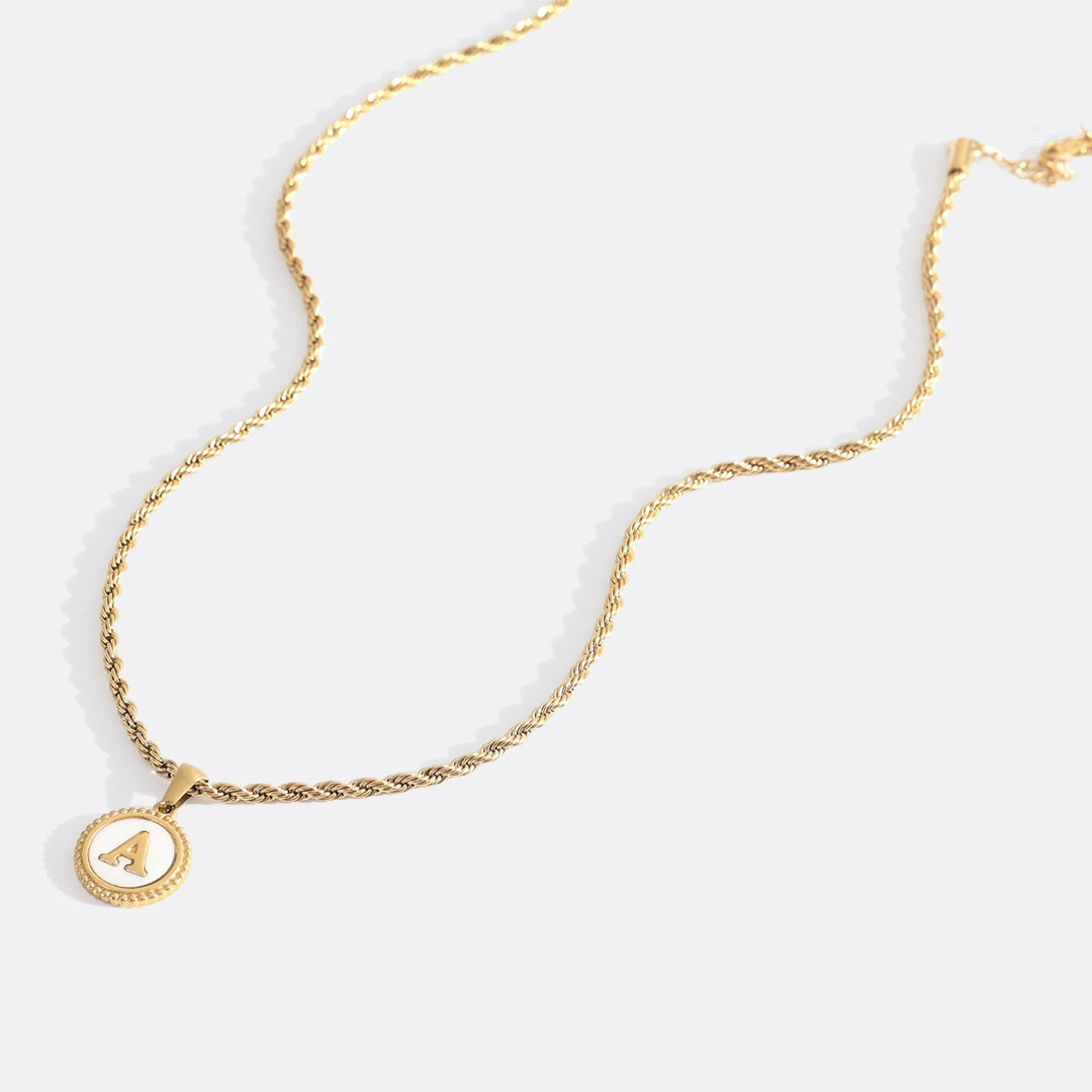 Mother of Pearl Disc Letter Necklace with Rope Chain
