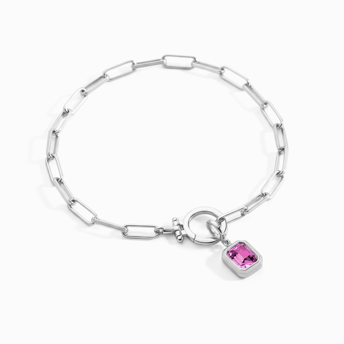 Baguette Birthstone Charm on Mint Paperclip Bracelet