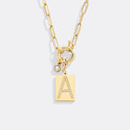 Gold Pave Initial Pendant Necklace with Paperclip Chain