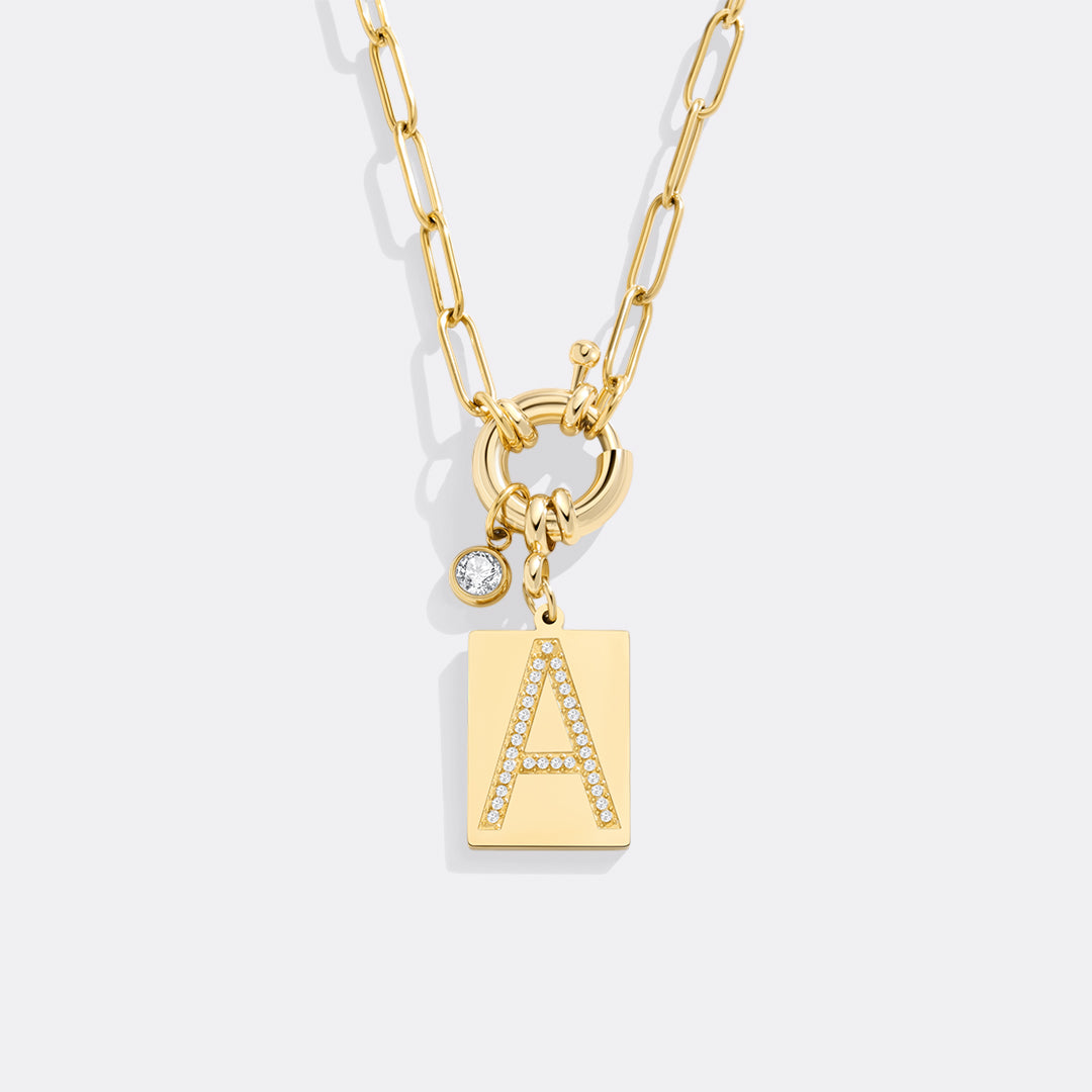Pave Initial Pendant Necklace with Paperclip Chain