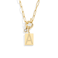 Gold Pave Initial Pendant Necklace with Paperclip Chain