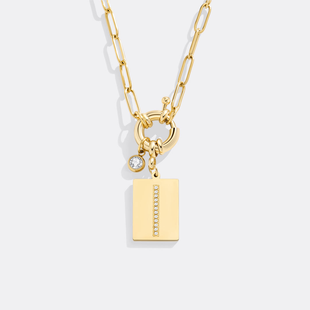 Pave Initial Pendant Necklace with Paperclip Chain
