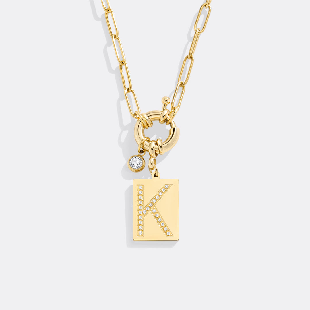 Gold Pave Initial Pendant Necklace with Paperclip Chain