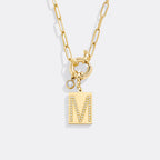 Gold Pave Initial Pendant Necklace with Paperclip Chain