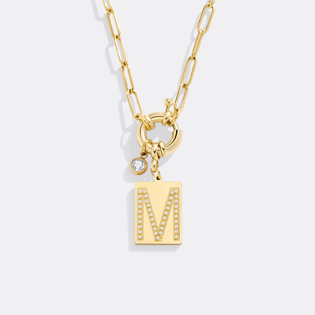 Gold Pave Initial Pendant Necklace with Paperclip Chain