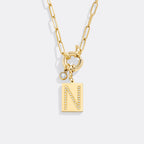 Gold Pave Initial Pendant Necklace with Paperclip Chain