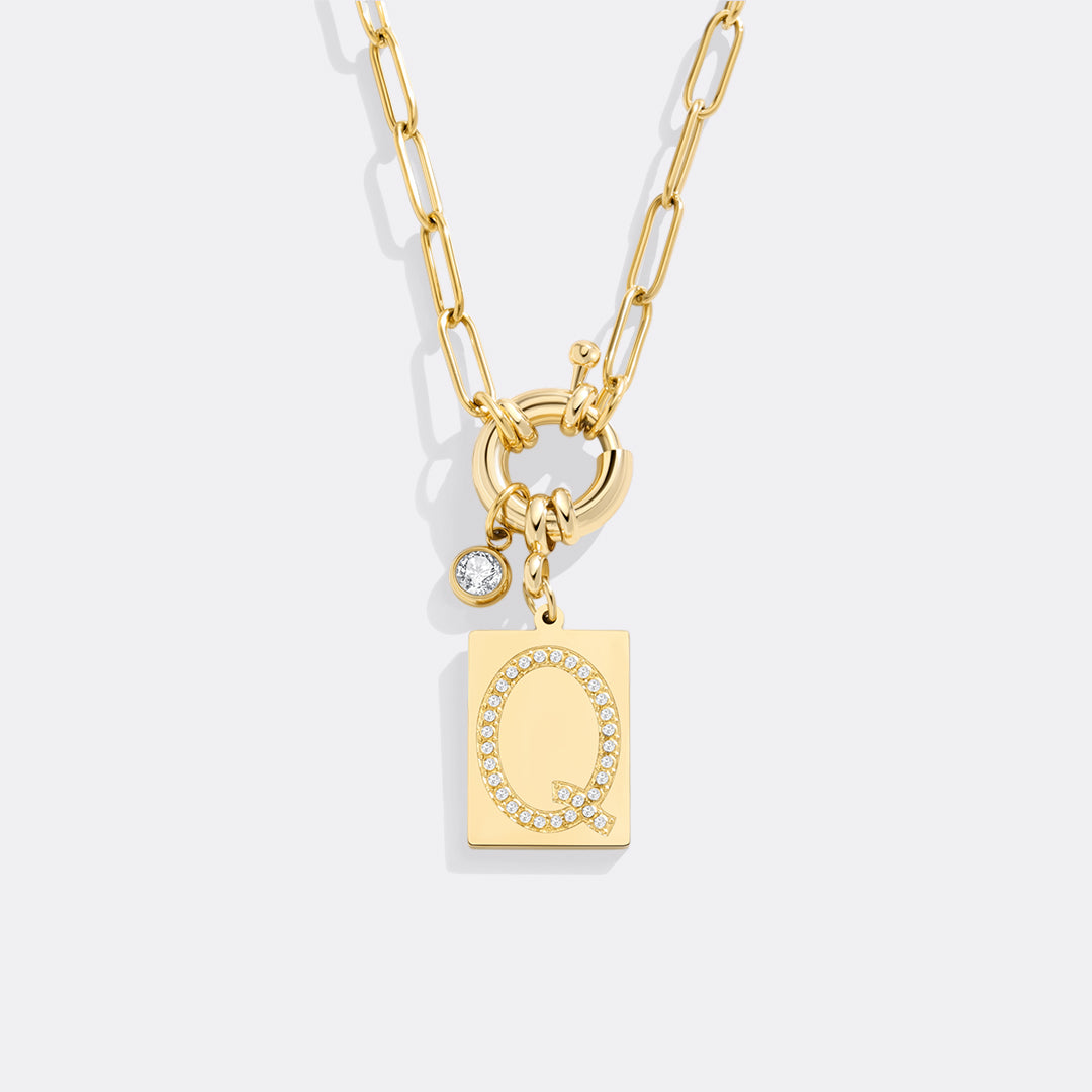 Gold Pave Initial Pendant Necklace with Paperclip Chain