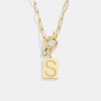 Gold Pave Initial Pendant Necklace with Paperclip Chain