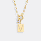 Gold Pave Initial Pendant Necklace with Paperclip Chain