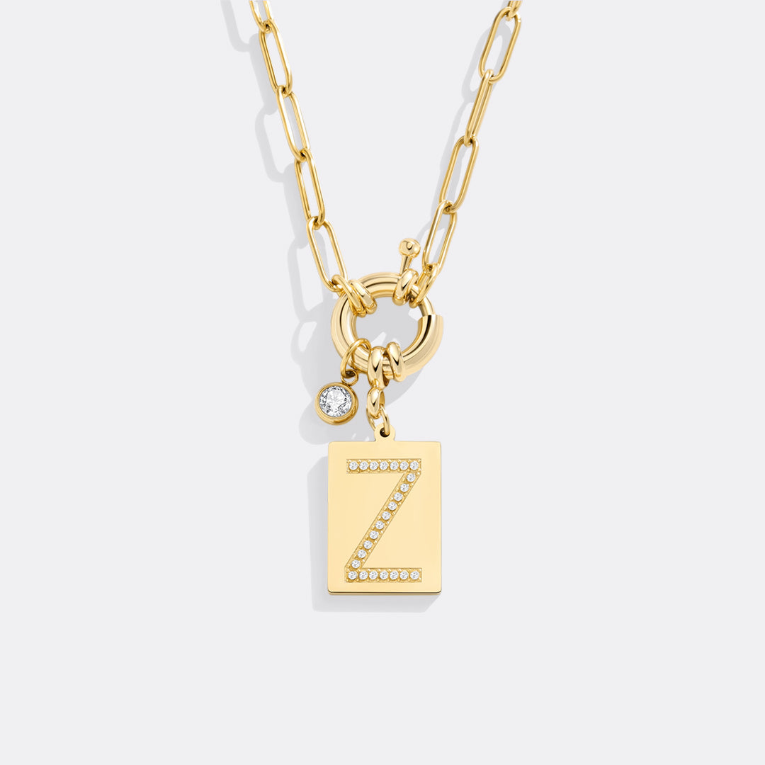 Gold Pave Initial Pendant Necklace with Paperclip Chain