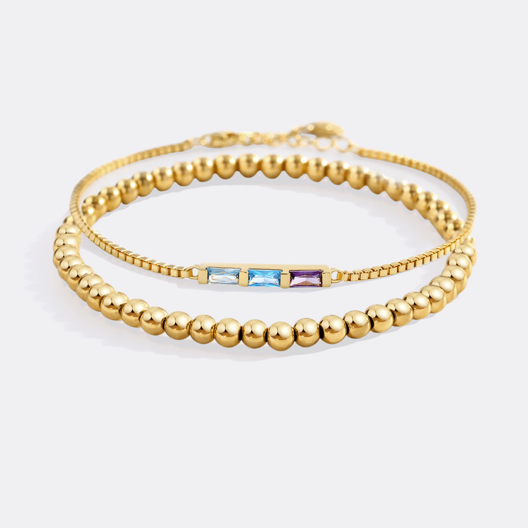 Dainty Baguette Birthstone Bracelet and Beaded Stacking Bracelet Set