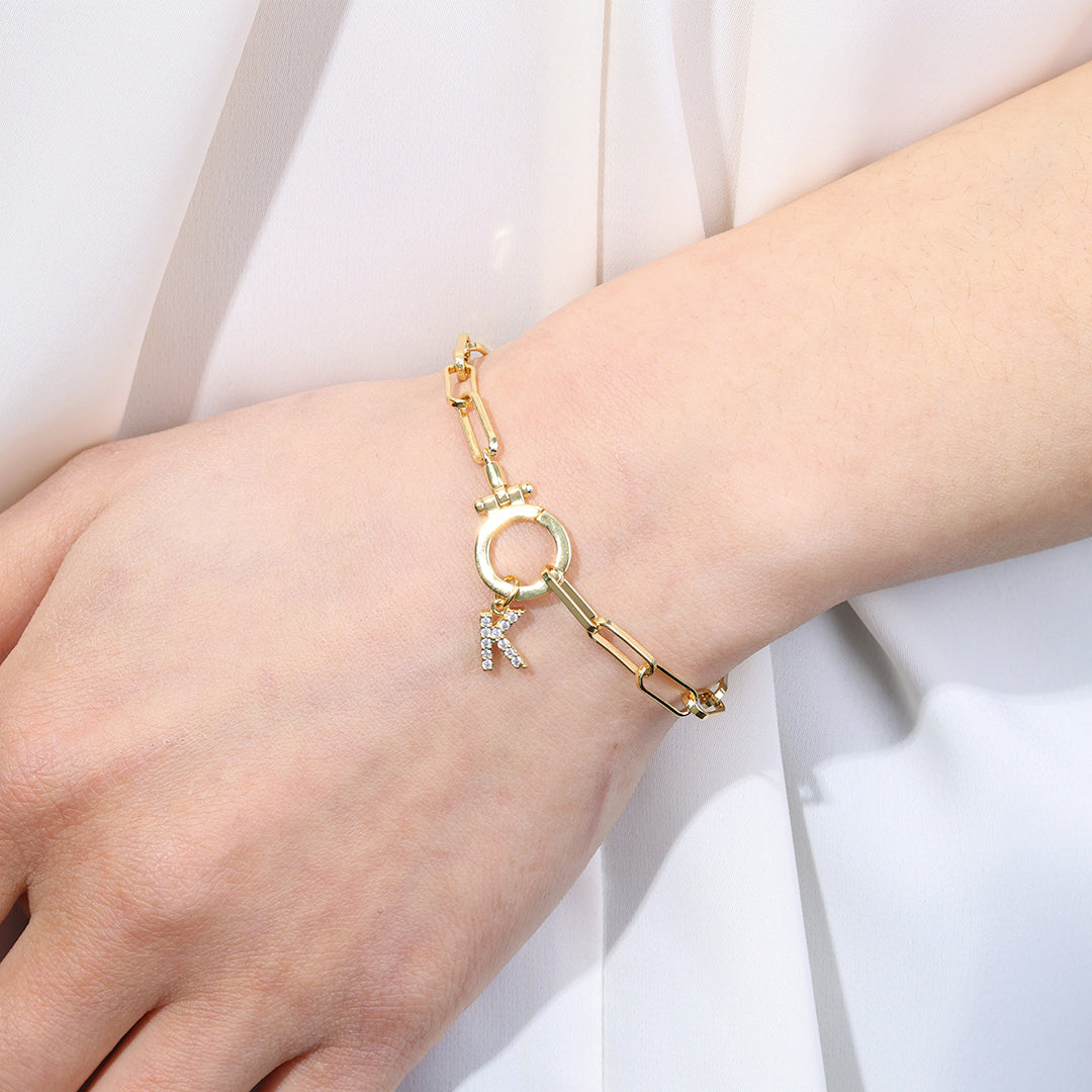 Mint Paperclip Bracelet with Pave Initial Charm