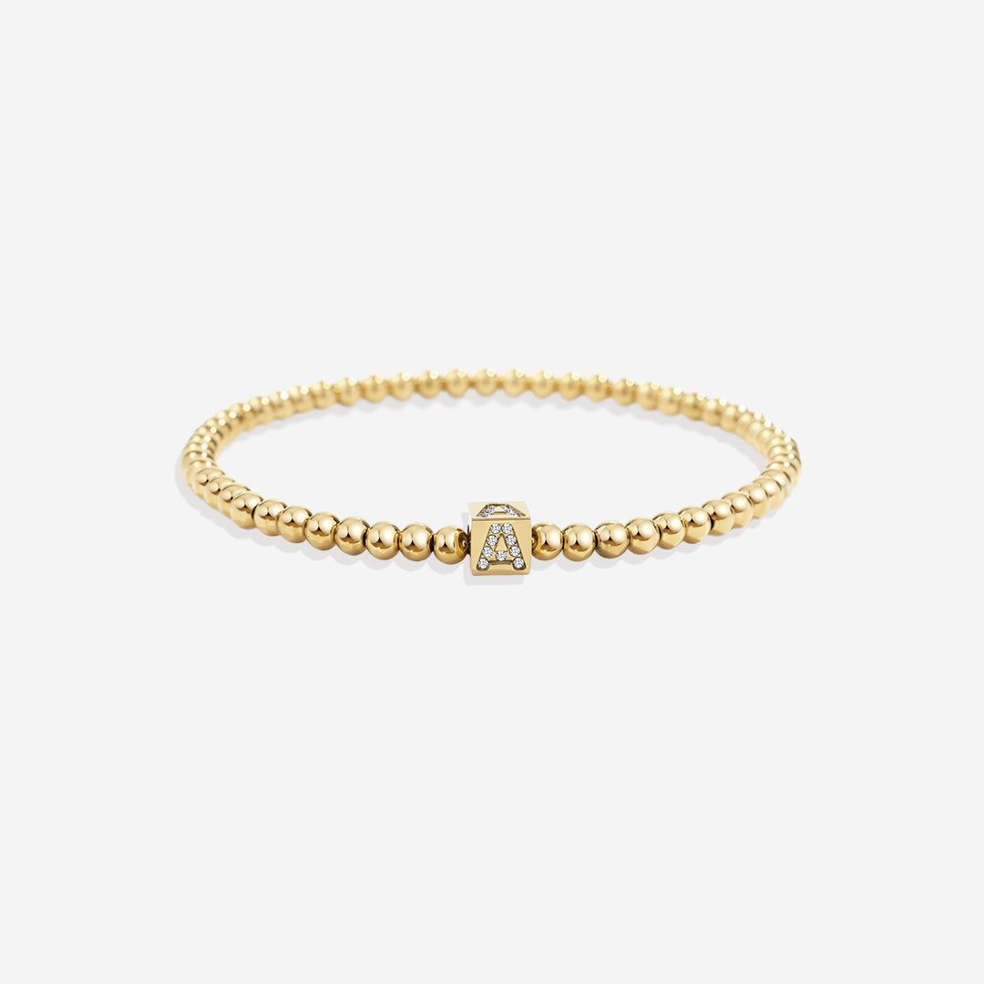 Gold Beaded Block Initial Bracelet