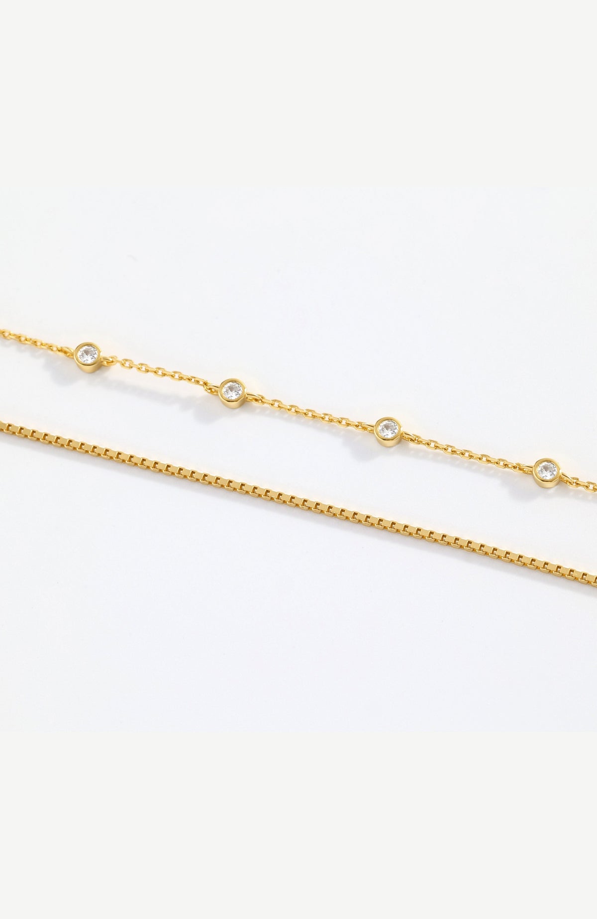 Bezel Set Diamond Bracelet and Box Chain Bracelet Stacking Set