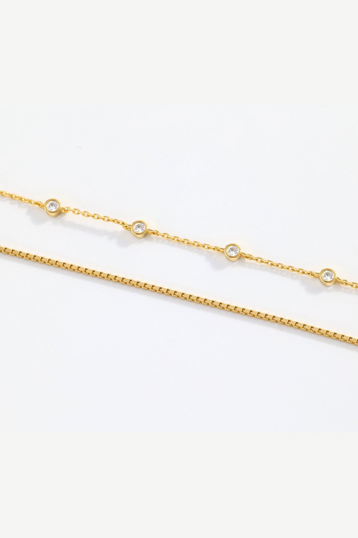 Bezel Set Diamond Bracelet and Box Chain Bracelet Stacking Set