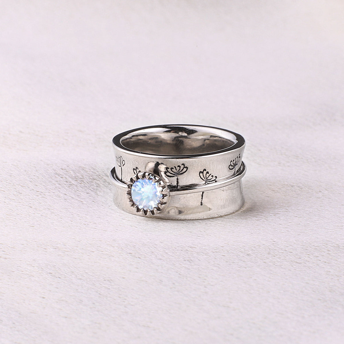Silver Dandelion Birthstone Spinning Fidget Ring