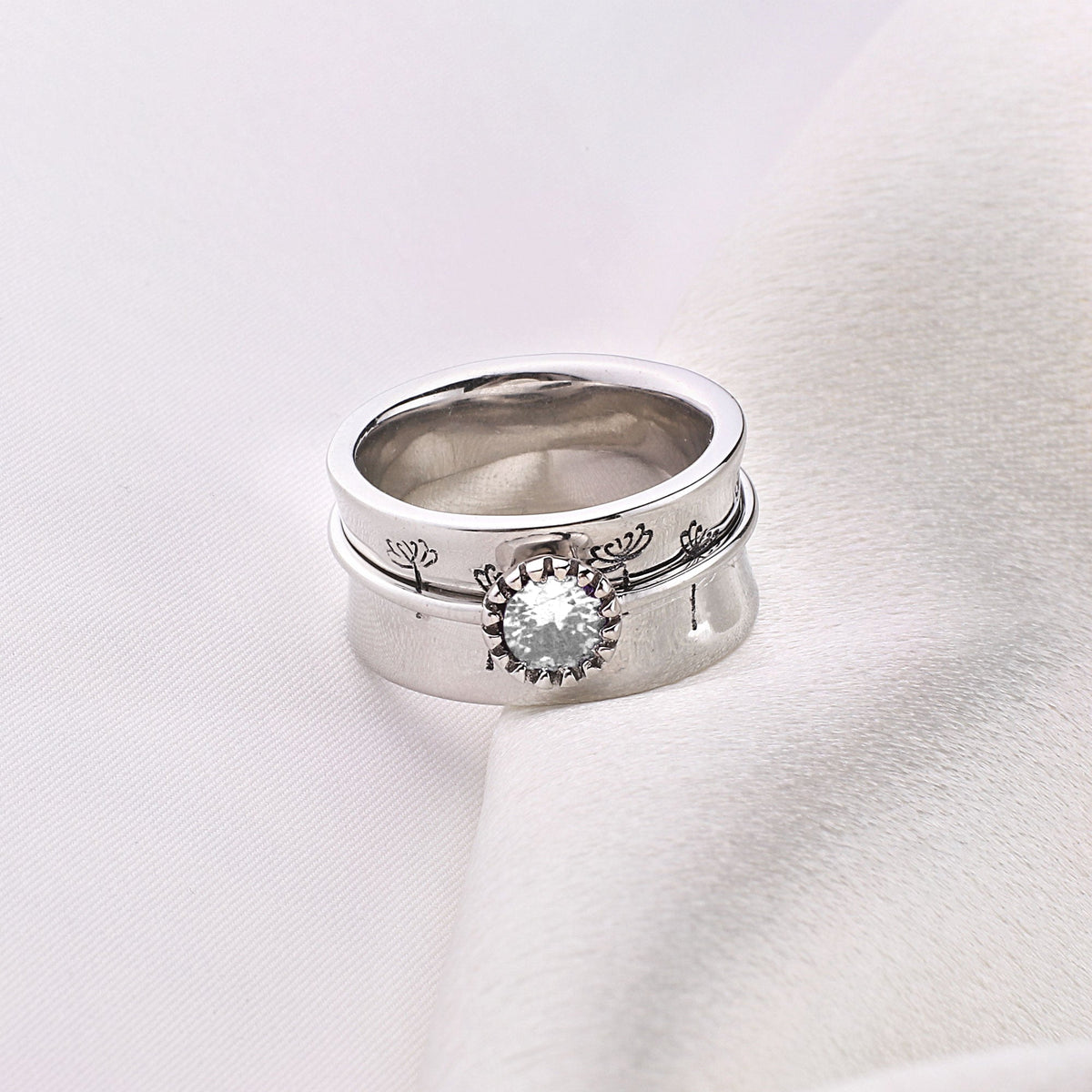 Silver Dandelion Birthstone Spinning Fidget Ring