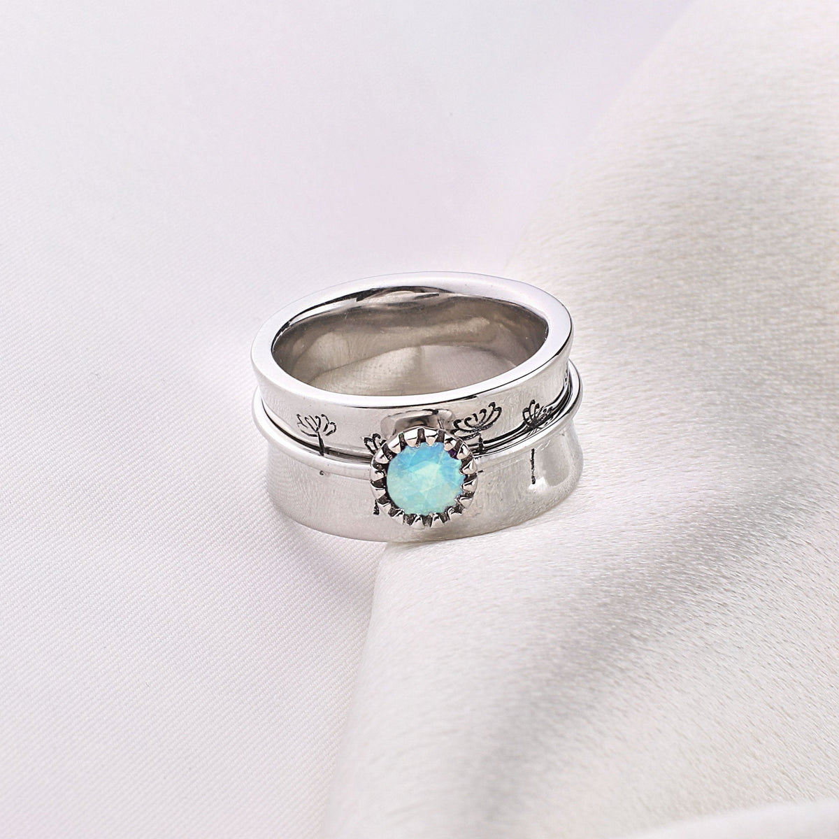 Silver Dandelion Birthstone Spinning Fidget Ring