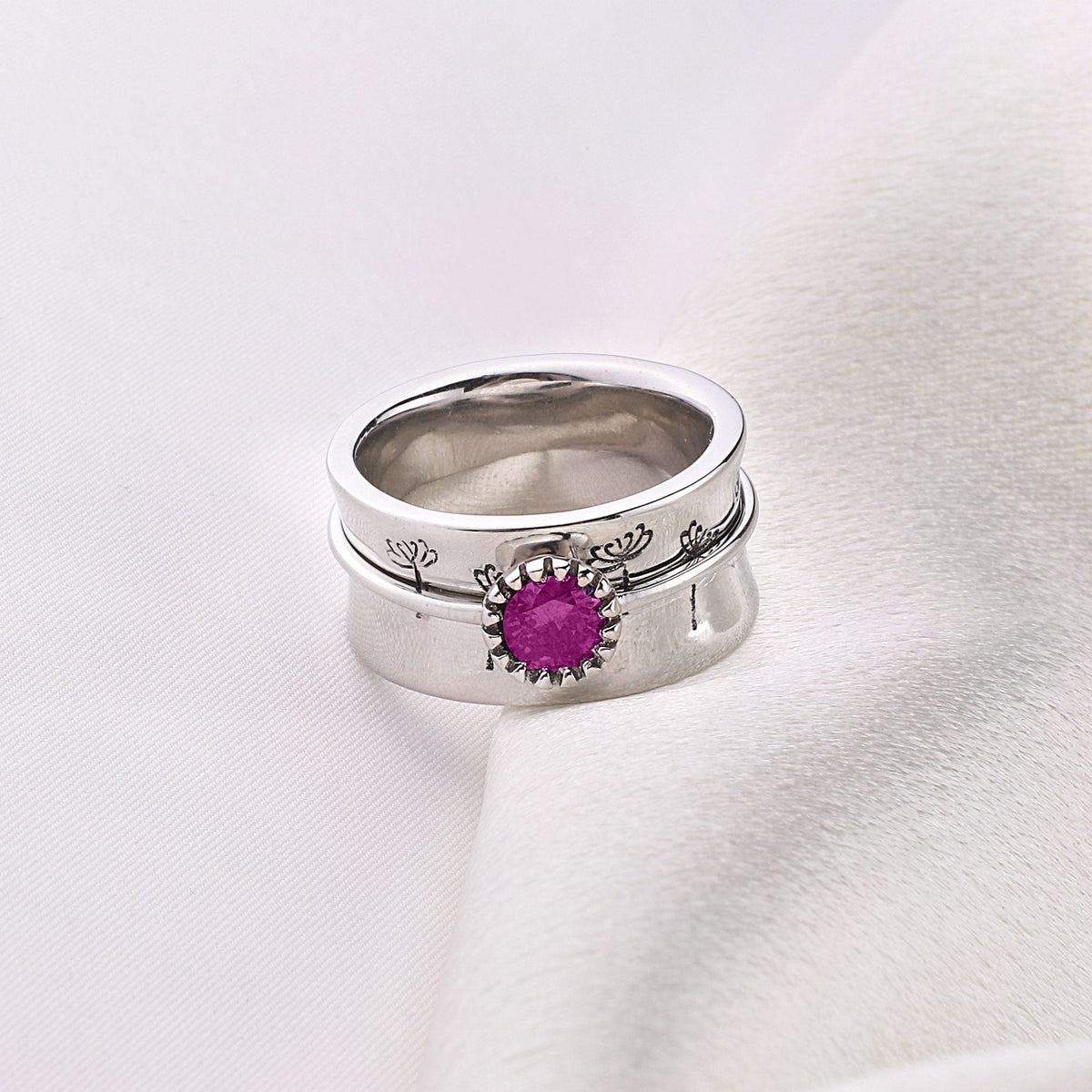 Silver Dandelion Birthstone Spinning Fidget Ring